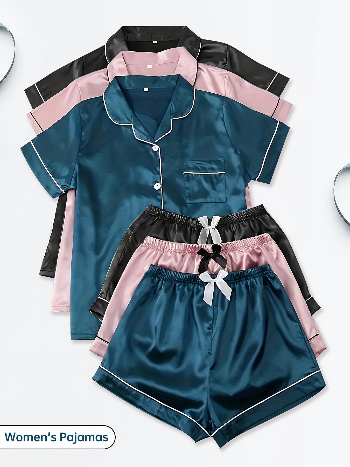 Three Sets of Satin Outfits. Short-Sleeved Collared Tops And Elastic Waistband Shorts, Suitable for Women'S Sleepwear And Loungewear, Women Short And Top Set, Short And Top Set Women, Women Short Set, Loungewear Women Set, Sh Good Vibrations