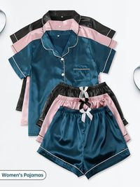 Three Sets of Satin Outfits. Short-Sleeved Collared Tops And Elastic Waistband Shorts, Suitable for Women'S Sleepwear And Loungewear, Women Short And Top Set, Short And Top Set Women, Women Short Set, Loungewear Women Set, Sh Good Vibrations