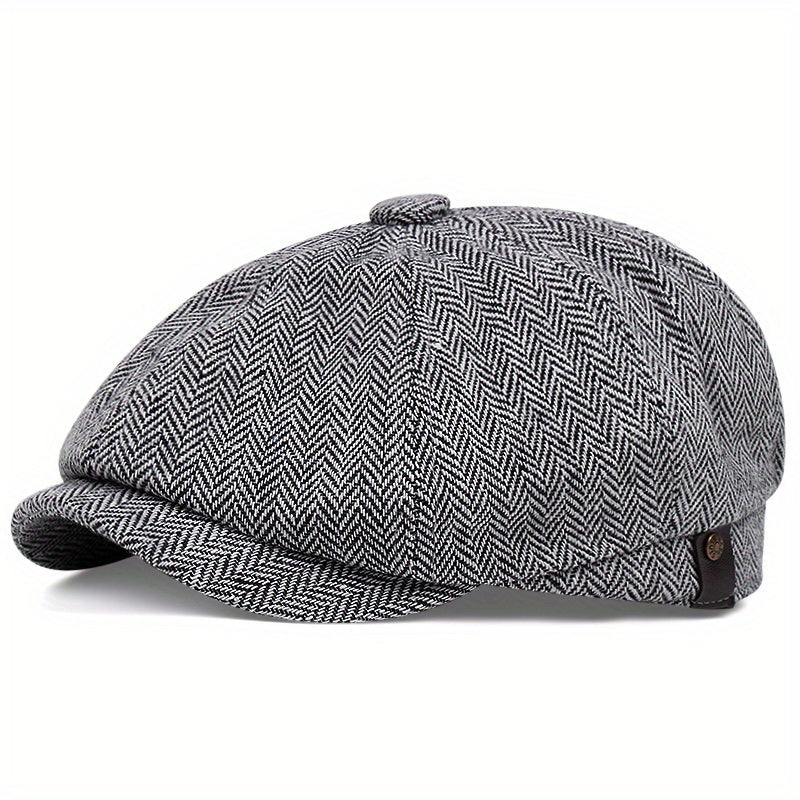 Men&Apos;S Retro Herringbone Flat Cap - Black Casual Beret with Vintage Style, Knitted Polyester, Perfect for Valentine&Apos;S Day, Everyday Headwear | Vintage Flat Cap | Knitted Texture Good Vibrations
