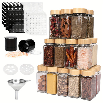 24 Glass Spice Jars with Label, Bamboo Spice Jar Set 4oz Seasoning Containers with Labels, with 2pcs Pepper Grinder, Spice Bottles Funnel, Empty Spice Jars and Shaker Lids Spice Containers Good Vibrations