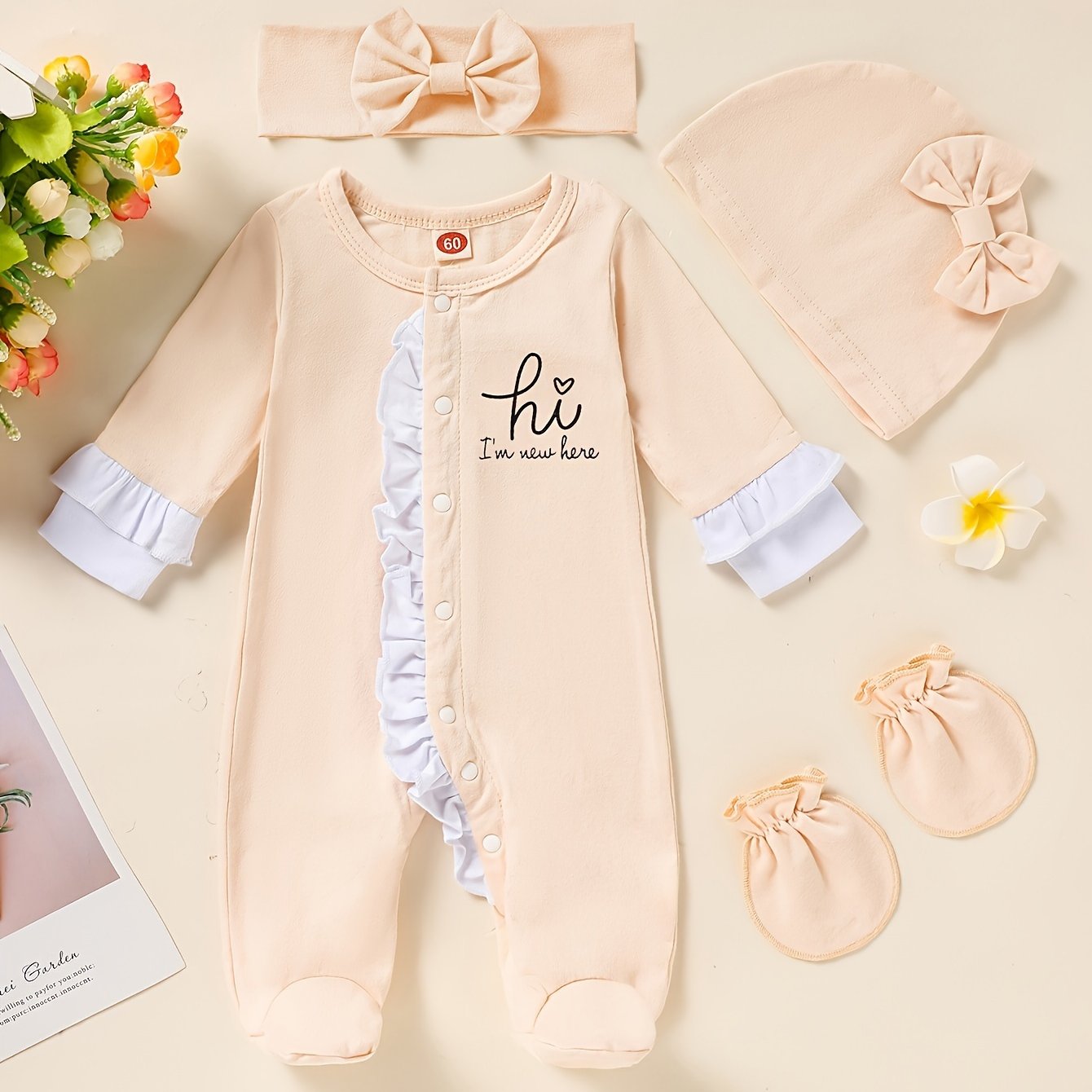 Newborn Baby Girl Clothes, Letter Print Footed Romper Jumpsuit & Headband & Hat & Baby Mittens, Cute Infant Clothing Set Good Vibrations