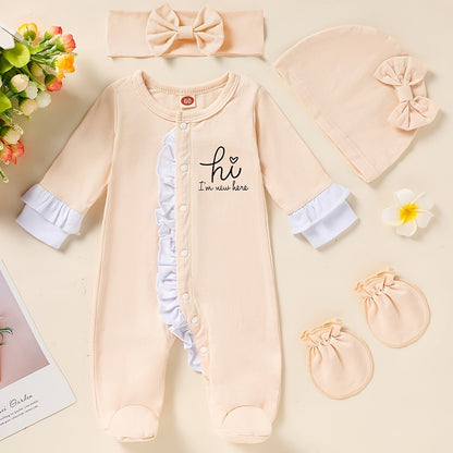 Newborn Baby Girl Clothes, Letter Print Footed Romper Jumpsuit & Headband & Hat & Baby Mittens, Cute Infant Clothing Set Good Vibrations