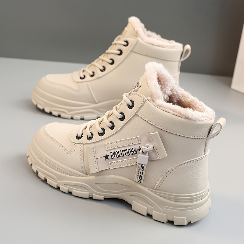[Warm Fleece-Lined Winter Boots] Warm Fleece-Lined Women's Winter High-Top Boots - Thick Rubber Sole, Lace-Up Casual Style, White & Beige, Perfect for Cold Weather Comfort Good Vibrations