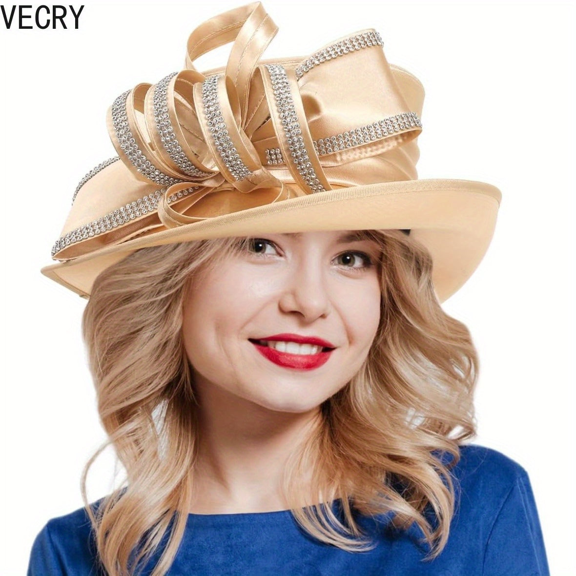 [Crystal Derby Hat] VECRY Wide Brim Crystal Derby Dress Hat - Ladies Church Tea Party Wedding Hats Good Vibrations