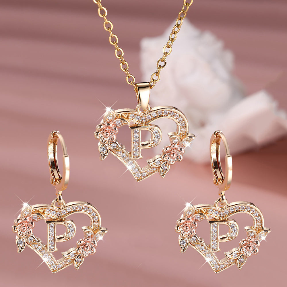3pcs Women's Jewelry Set - Heart-Shaped Interlocking Link Necklace & Earrings with 26-Letter Monogram, Elegant Golden-Tone -Accented Letters, Dainty Everyday Gift for Mother's Day, Graduation, Birthdays (Pink & Clear Good Vibrations