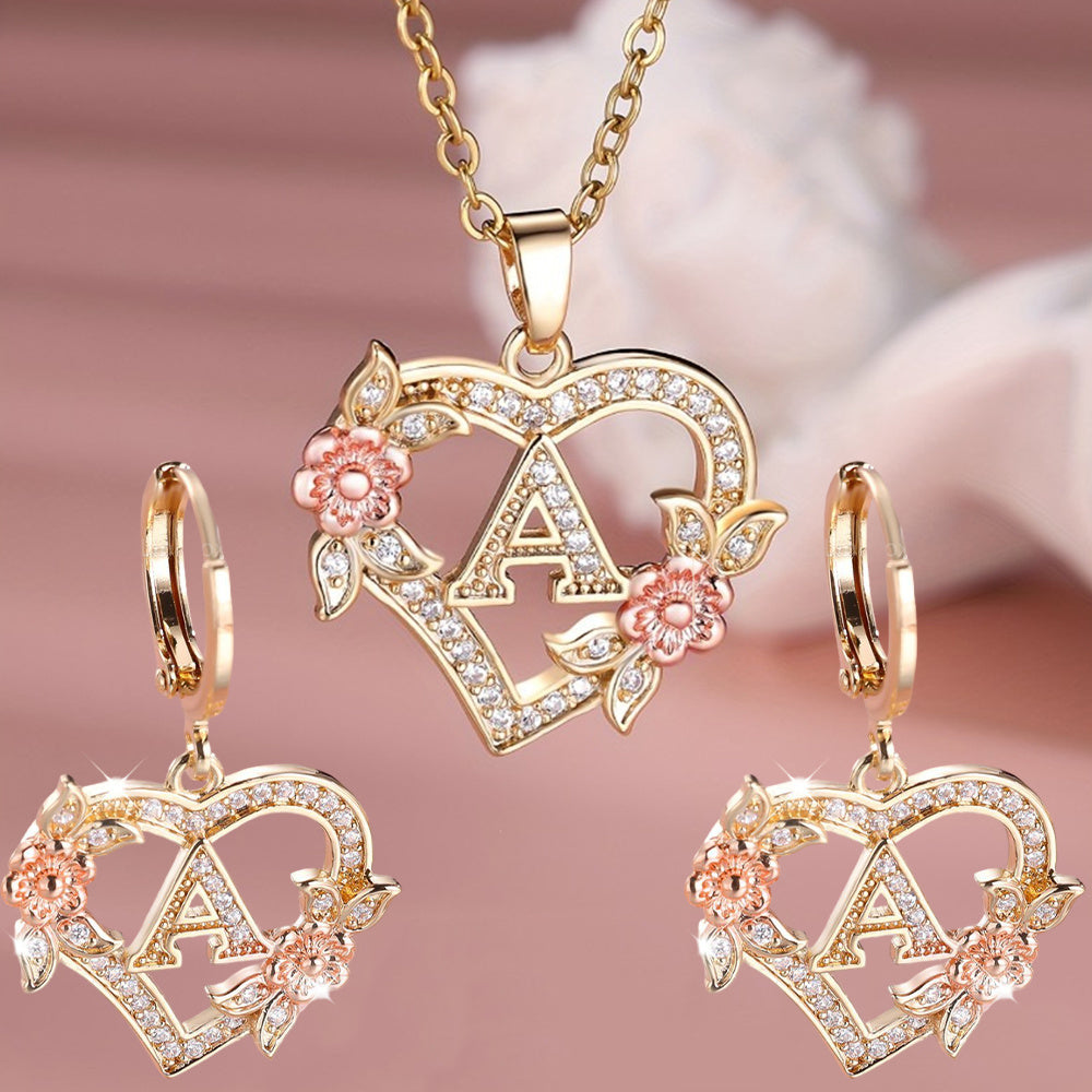 3pcs Women's Jewelry Set - Heart-Shaped Interlocking Link Necklace & Earrings with 26-Letter Monogram, Elegant Golden-Tone -Accented Letters, Dainty Everyday Gift for Mother's Day, Graduation, Birthdays (Pink & Clear Good Vibrations