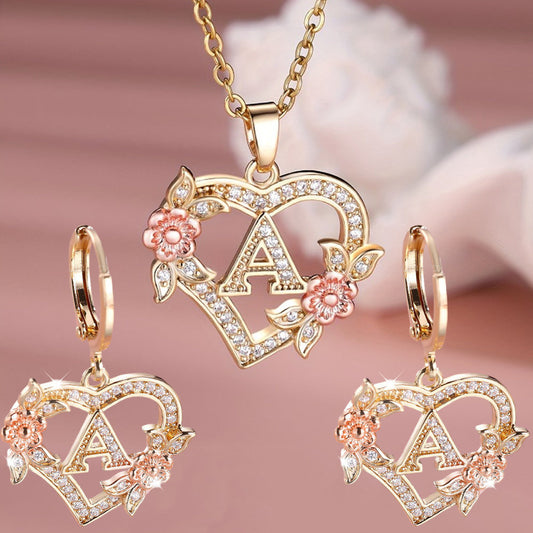 3pcs Women's Jewelry Set - Heart-Shaped Interlocking Link Necklace & Earrings with 26-Letter Monogram, Elegant Golden-Tone -Accented Letters, Dainty Everyday Gift for Mother's Day, Graduation, Birthdays (Pink & Clear Good Vibrations