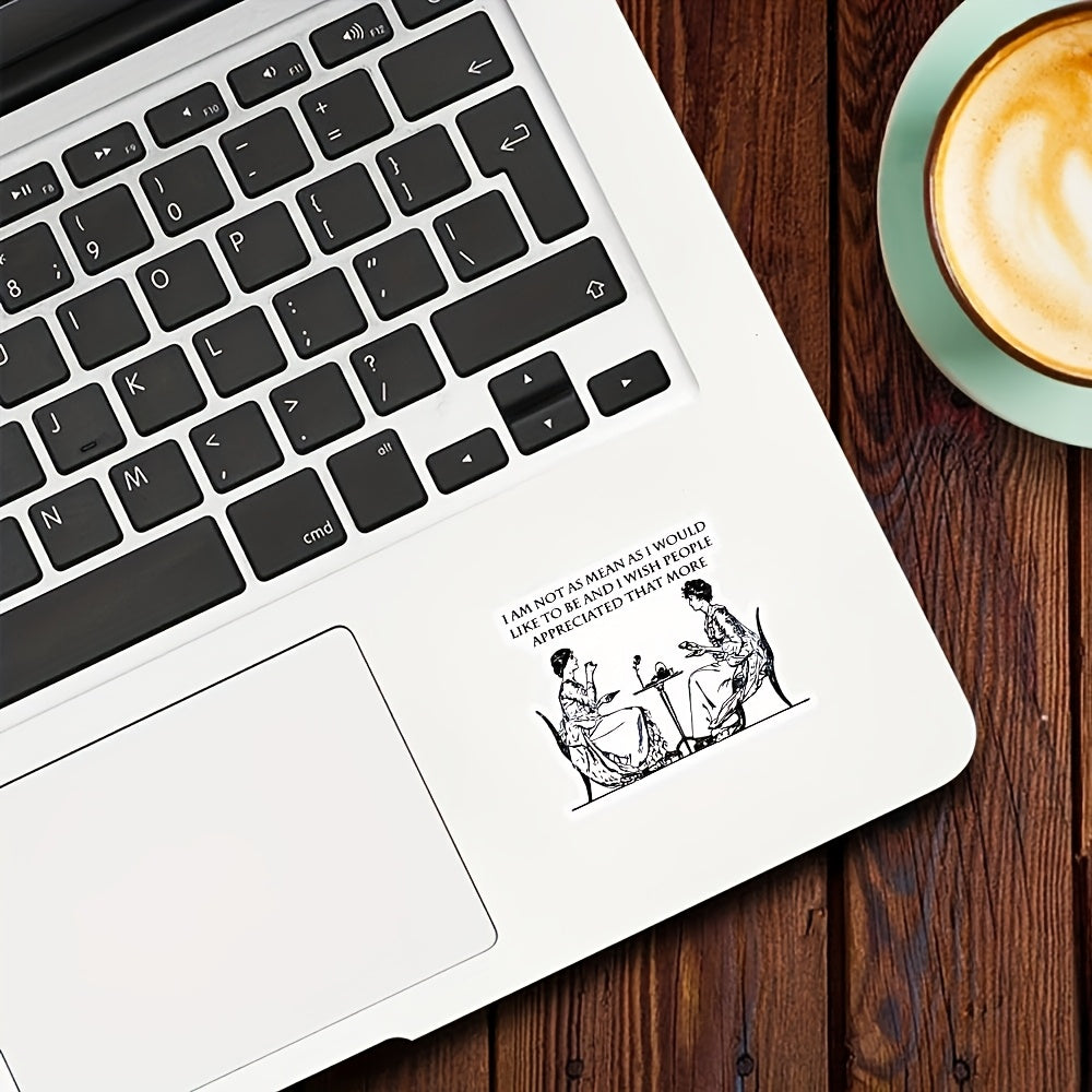 Humorous Vinyl Sticker | 'I'm Not As Mean As I Would Like to Be' Quote | Black & White Tea Party Illustration of Two Women | Sarcastic Laptop Decal for Book Lovers | Durable Matte Vinyl | Reusable Self-Adhesive for Laptops, B Good Vibrations
