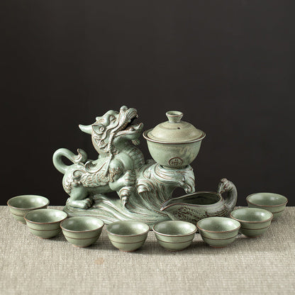 1 Set Lazy Tea Set, Magnetic Water Diversion Rotating Gaiwan, Tea Maker, Automatic Brave Troops Retro Teapot, Tea Cups, Cover Bowl, Rectangular Tea Tray, Chinese Kung Fu Tea Set, For Home Living Room Office, Gift Good Vibrations