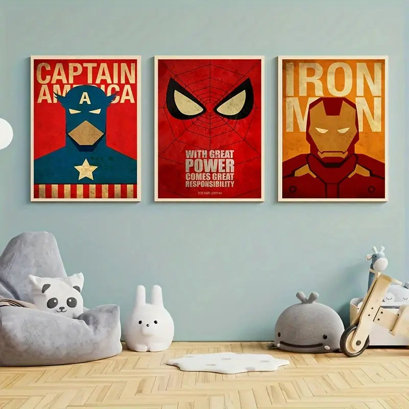 3pcs Unframed Canvas Poster Set - Vibrant Comic Art Marvel Poster with Spiderman, Captain America, Iron Man - Perfect Gift for Marvel Fans, Ideal Wall Decor for Bedroom, Living Room, Corridor, Office, and Winter Room Decorati Good Vibrations