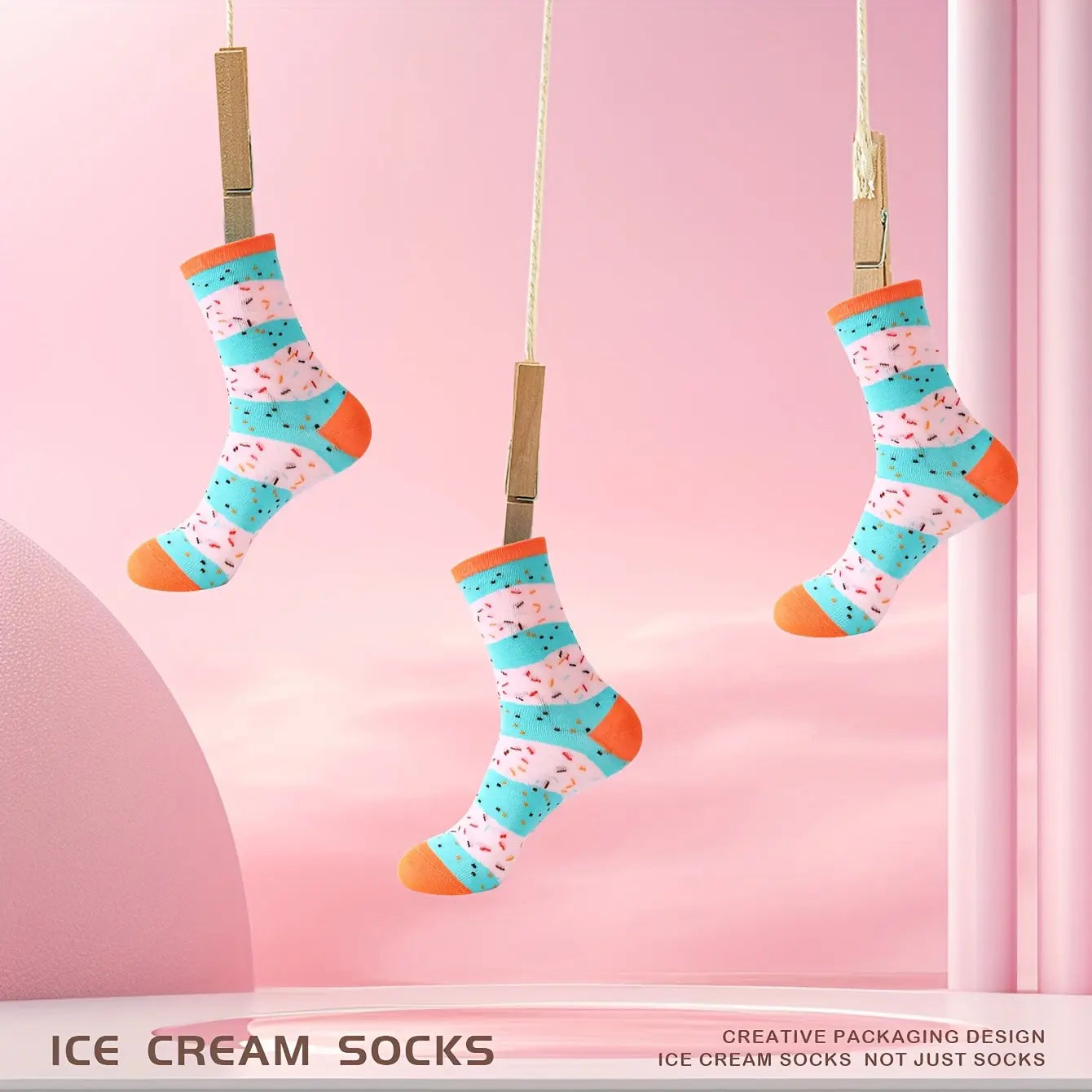 2025 Autumn/Winter New Arrival Funny Prank Gift Box Ice Cream Socks, Unisex Mid-Calf Knit Socks in Pink and Blue, Novel Food-Inspired Design, Stylish & Comfortable Streetwear/Casual Style for All Seasons – Perfect for Birth Good Vibrations