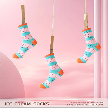2025 Autumn/Winter New Arrival Funny Prank Gift Box Ice Cream Socks, Unisex Mid-Calf Knit Socks in Pink and Blue, Novel Food-Inspired Design, Stylish & Comfortable Streetwear/Casual Style for All Seasons – Perfect for Birth Good Vibrations