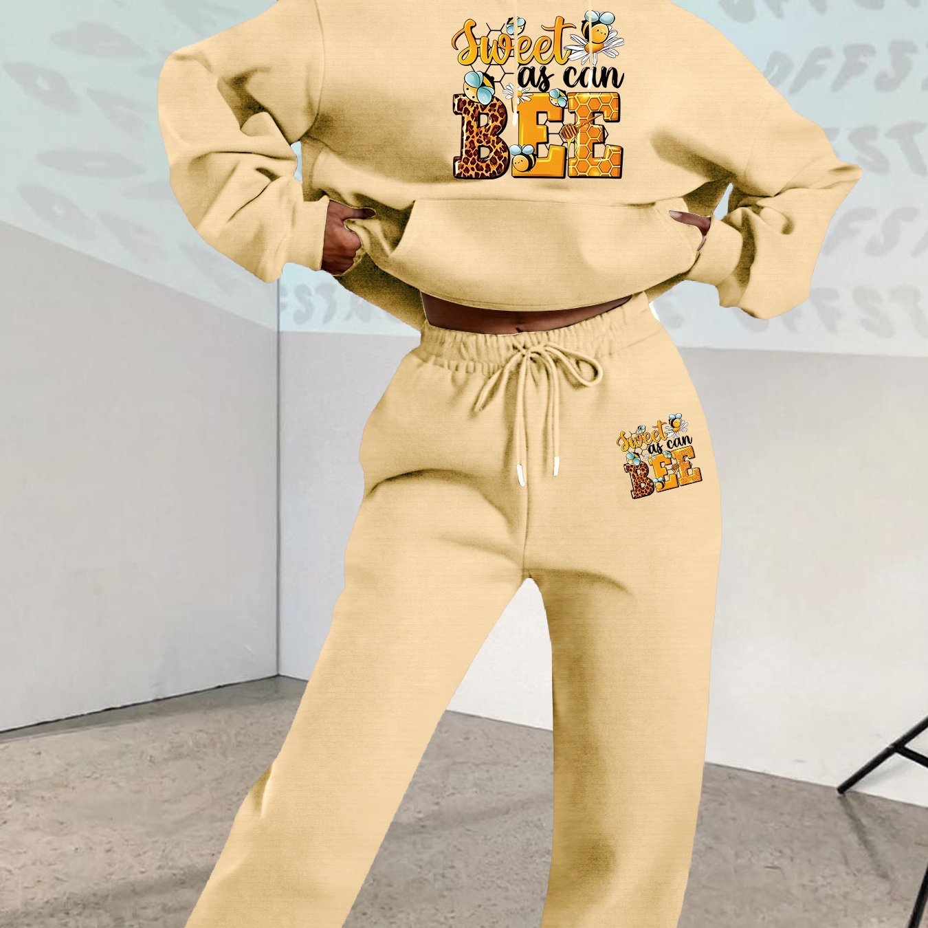 2025 Autumn Winter New Arrival, Sweet Cool Long Neck Deer Pattern Suit, Casual Letter Print Loose Warm Long Sleeve Hooded Sweatshirt with Elastic Drawstring Waist Pants Two-Piece Set, Women Two-piece Set Large Size Striped Ch Good Vibrations