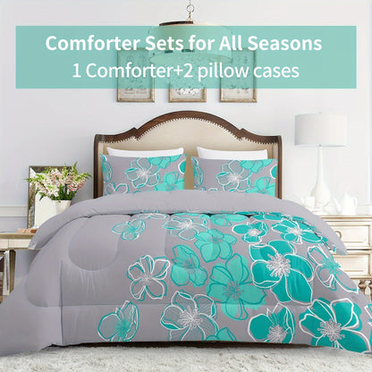 A Large Quilt Set, Consisting of 3pcs of Bedding (1 Printed Quilt And 2 Pillowcases), Featuring a Deep Gray Background with Green Floral Prints, Made of Lightweight Ultra-Fine Fibers Suitable for All Seasons, Serving As an Al Good Vibrations