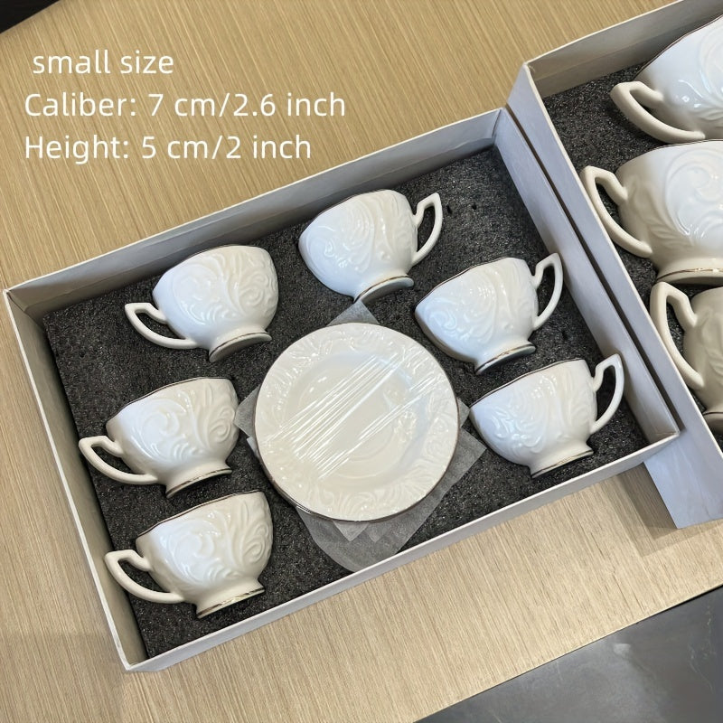 Luxury Floral Embossed Golden-Trimmed Tea Set - 6 Ceramic Cups & Saucers, Microwave Safe, Perfect for Afternoon Tea, Desserts & Gifts Good Vibrations