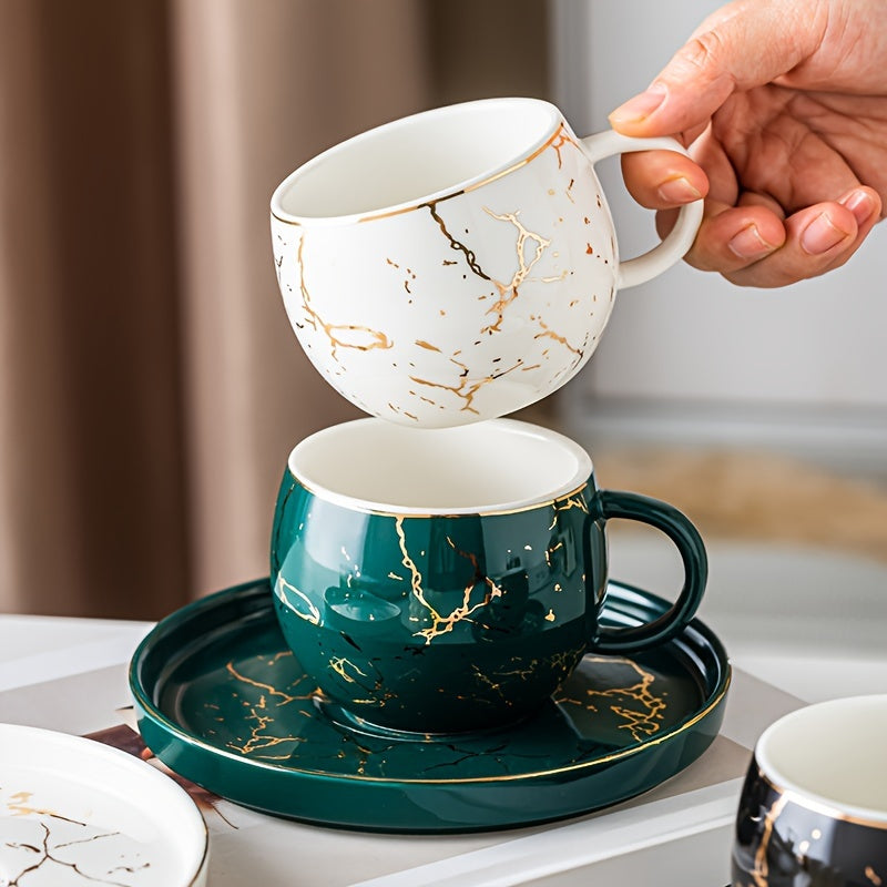 Set, Marble Print Teacup And Saucer, Ceramic Coffee Cup And Saucer Plate Good Vibrations