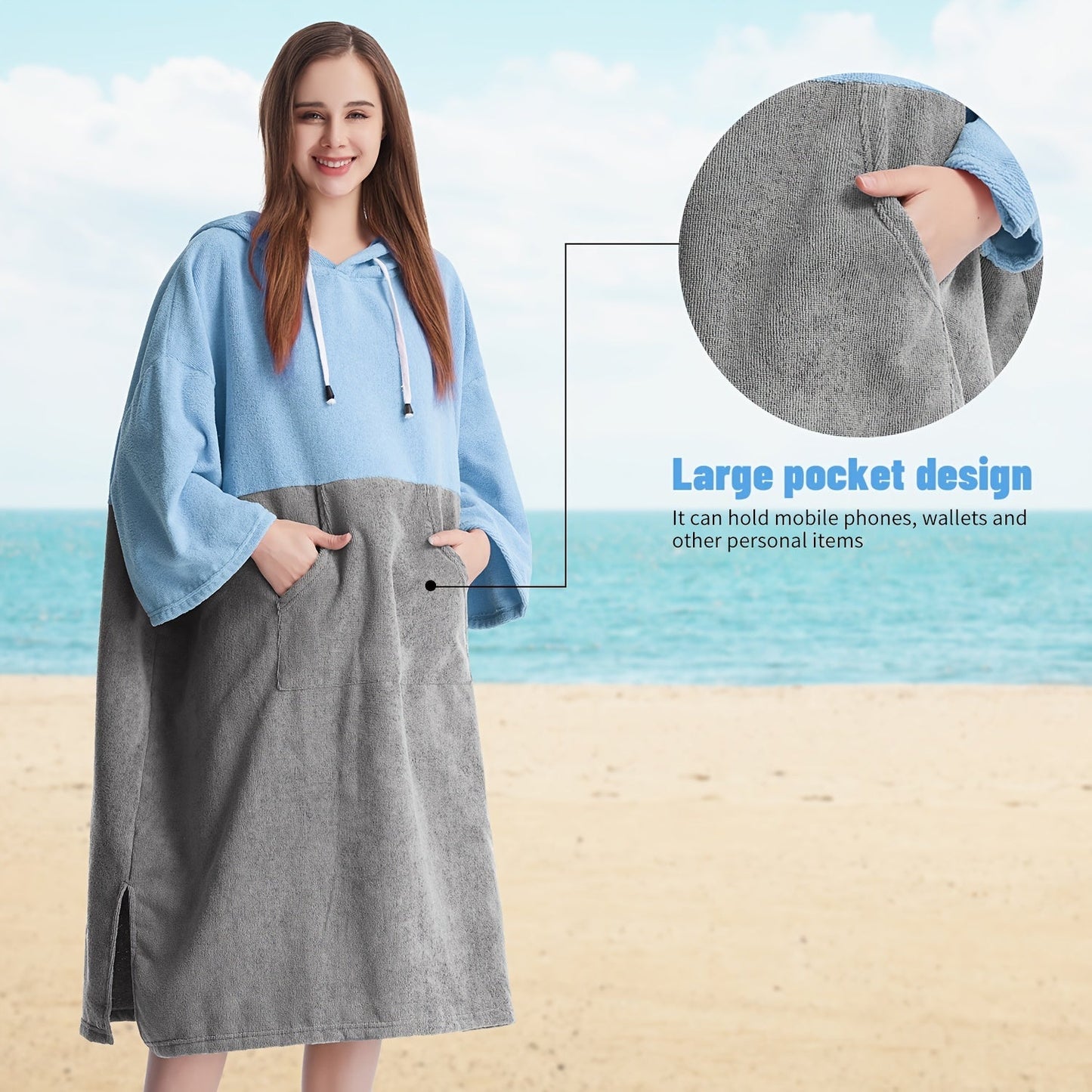Mutao Quick-Dry Hooded Changing Robe - Cozy Terry Towel Poncho with Front Pocket, Windproof & Perfect for Beach, Surfing, Diving, Swimming - One Size Fits All, Machine Washable Good Vibrations