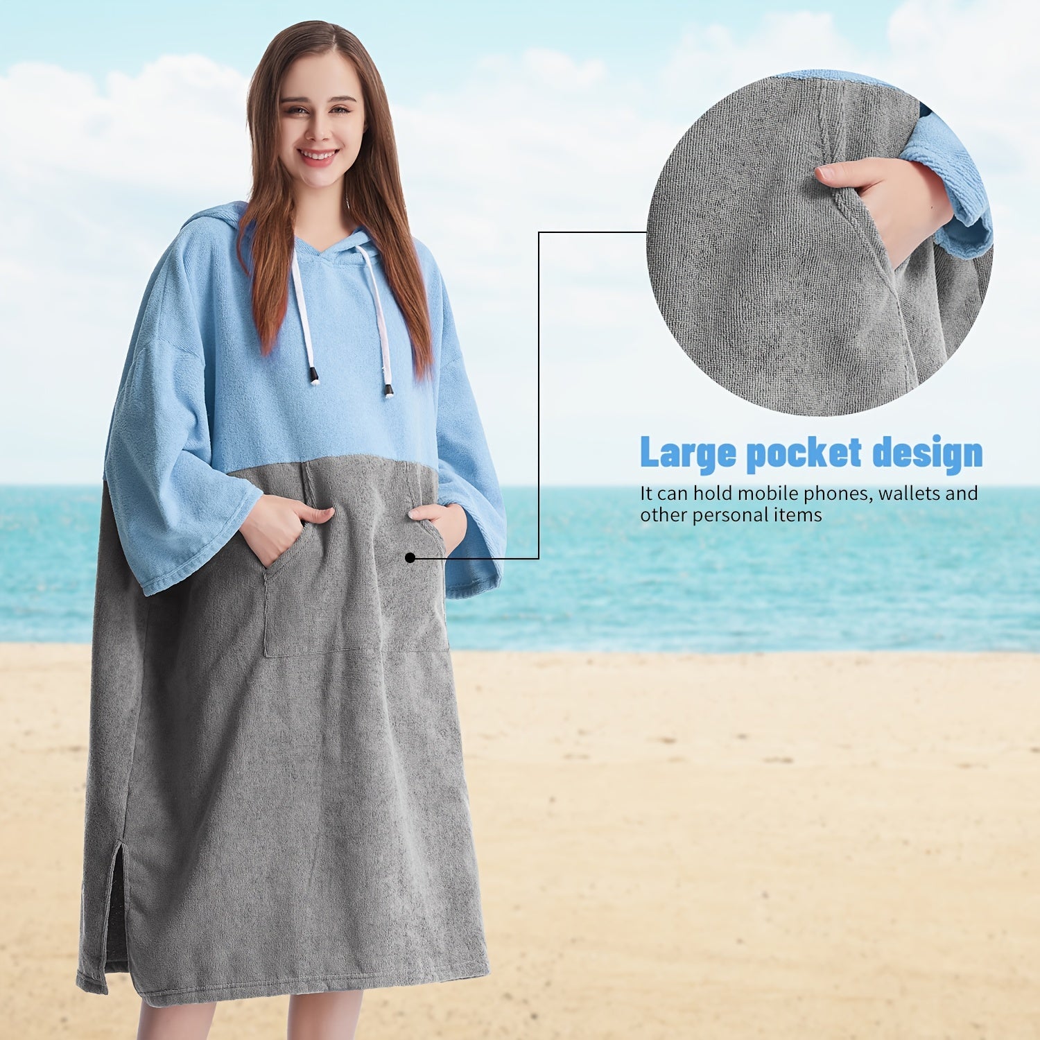 Mutao Quick-Dry Hooded Changing Robe - Cozy Terry Towel Poncho with Front Pocket, Windproof & Perfect for Beach, Surfing, Diving, Swimming - One Size Fits All, Machine Washable Good Vibrations