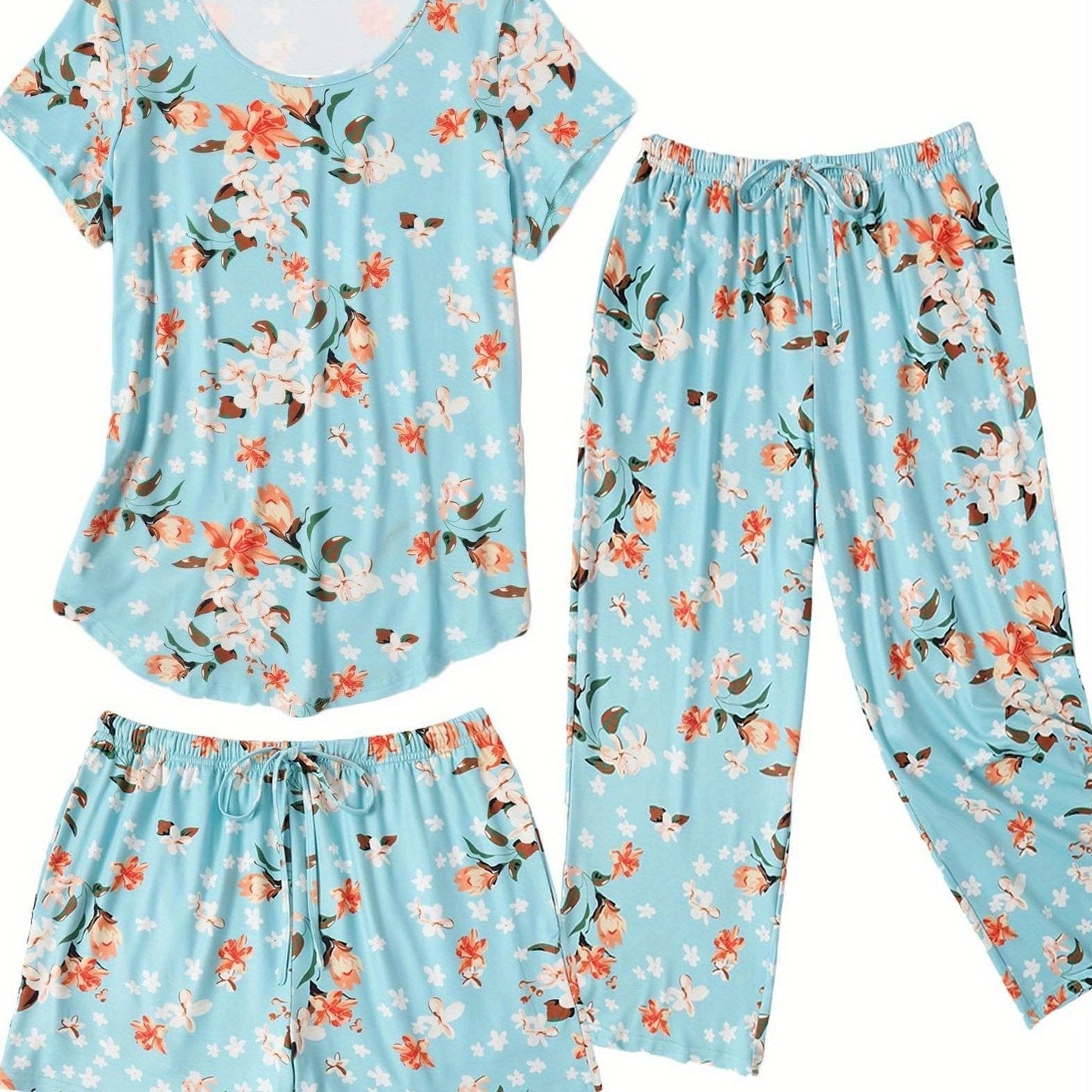 Fashion 3 PCS Capri Pajamas For Women Set Nightwear Housing Suit Super-Soft Housewear Casual Nightsuit Sleeping Suit Short Sleeve Pajama Sets Sleepsuit Floral Pj Sets Soft Sleepwear With Pockets Plus Size S-XXL Good Vibrations