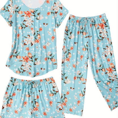 Fashion 3 PCS Capri Pajamas For Women Set Nightwear Housing Suit Super-Soft Housewear Casual Nightsuit Sleeping Suit Short Sleeve Pajama Sets Sleepsuit Floral Pj Sets Soft Sleepwear With Pockets Plus Size S-XXL Good Vibrations