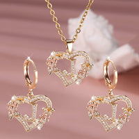 3pcs Women's Jewelry Set - Heart-Shaped Interlocking Link Necklace & Earrings with 26-Letter Monogram, Elegant Golden-Tone -Accented Letters, Dainty Everyday Gift for Mother's Day, Graduation, Birthdays (Pink & Clear Good Vibrations