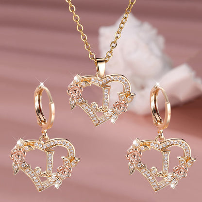 3pcs Women's Jewelry Set - Heart-Shaped Interlocking Link Necklace & Earrings with 26-Letter Monogram, Elegant Golden-Tone -Accented Letters, Dainty Everyday Gift for Mother's Day, Graduation, Birthdays (Pink & Clear Good Vibrations
