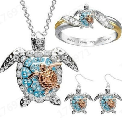 EJG Women'S Turtle Jewelry Set 925 Sterling Silver Moissanite Necklace Earrings Ring Beach Style Vacation Everyday Layered Dainty Gift for Her, Jewelry for Women Set High Quality, Set Jewelry for Women, Holiday Accessory, Gif Good Vibrations