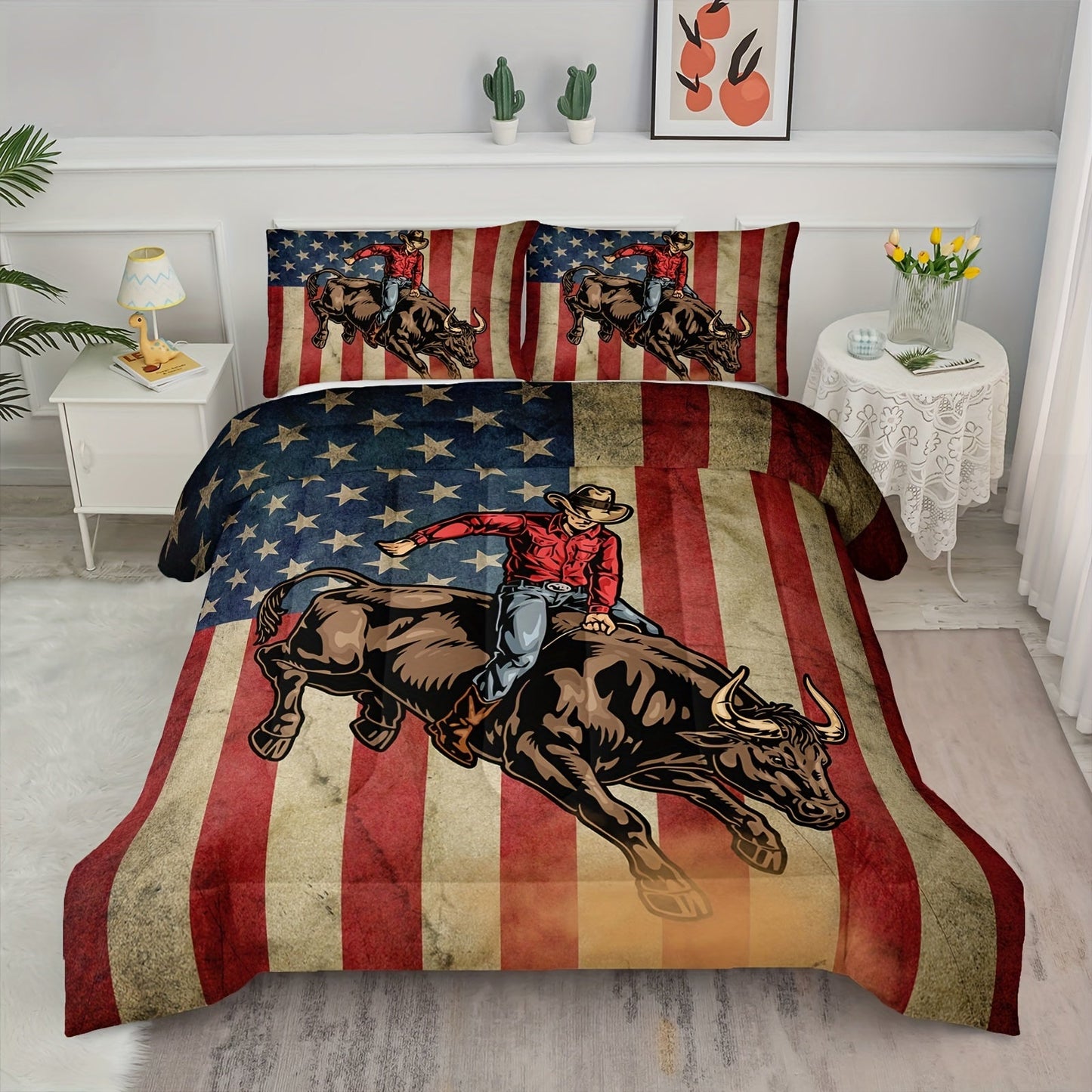3pcs American Flag Comforter Set, Cowboy Riding Bull Bedding Set, American Flag Bedding Racing Bull, Western Cowboys Cowgirls Quilt Set with 1 Comforter 2 Pillowcases for Women Men Adults Room Decor, Soft Breathable, 100% Pol Good Vibrations