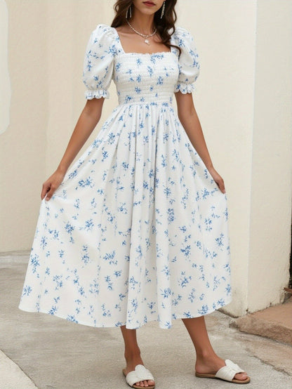 Elegant Spring/Summer Women's French Floral tea party dress - Square neck, Non-Stretch flared skirt for casual outing Good Vibrations