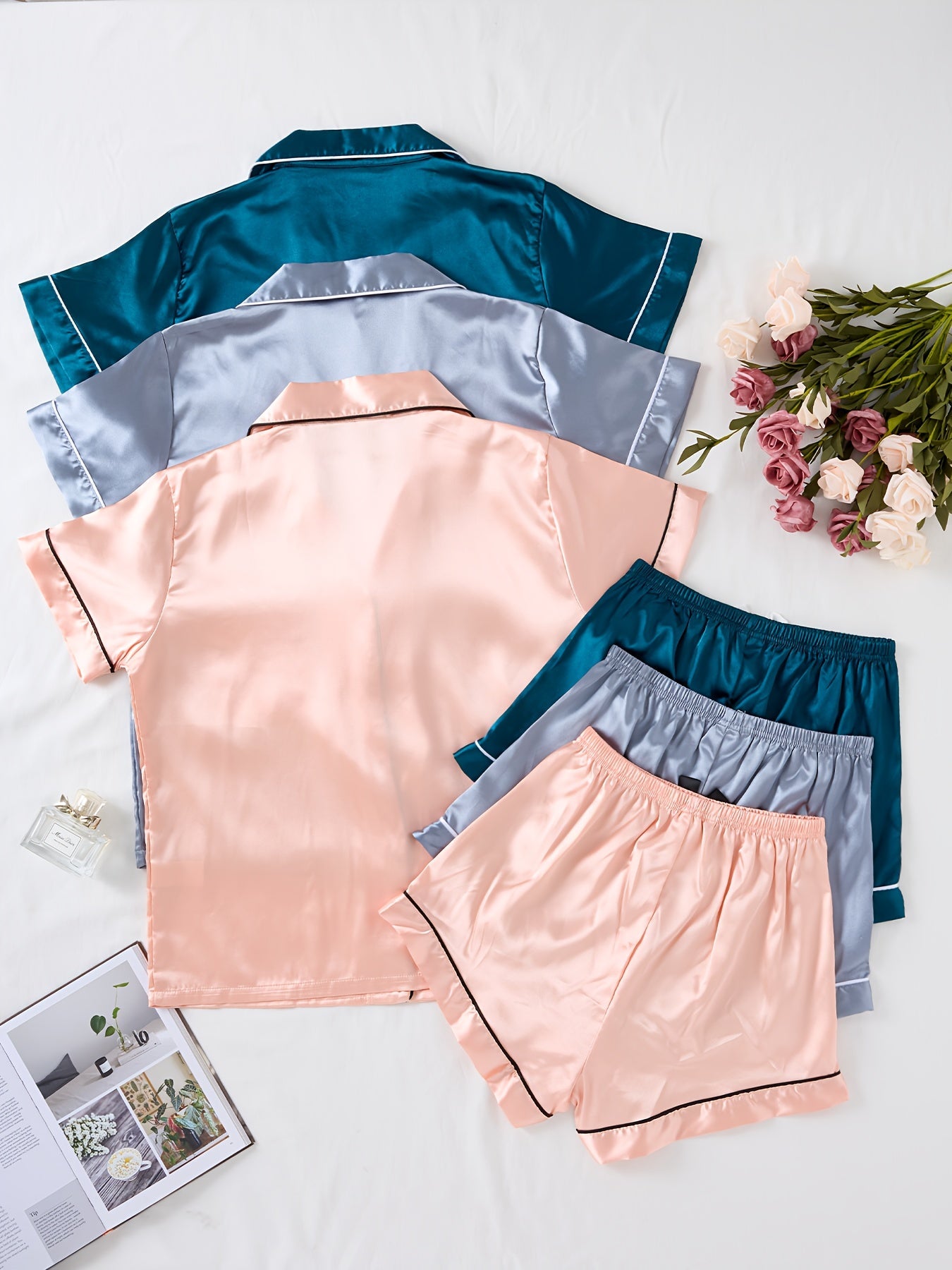Three Sets of Satin Outfits. Short-Sleeved Collared Tops And Elastic Waistband Shorts, Suitable for Women'S Sleepwear And Loungewear, Women Short And Top Set, Short And Top Set Women, Women Short Set, Loungewear Women Set, Sh Good Vibrations