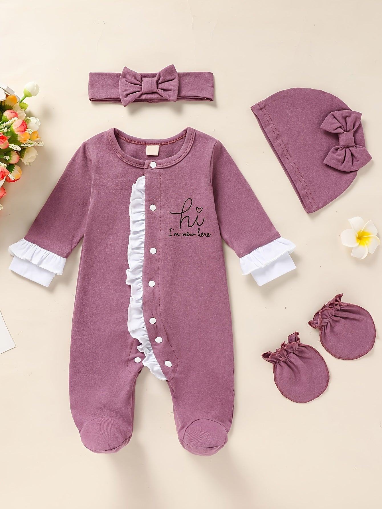 Newborn Baby Girl Clothes, Letter Print Footed Romper Jumpsuit & Headband & Hat & Baby Mittens, Cute Infant Clothing Set Good Vibrations