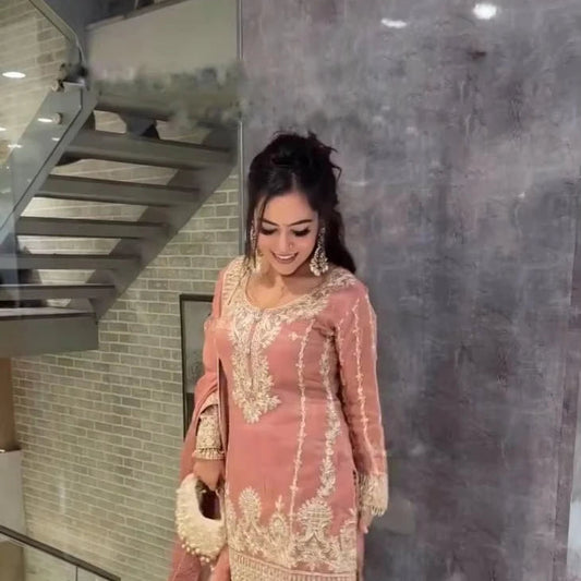 Chinon Silk Heavy Sequence Embroidery Work Top and Sharara With Lace Border Dupatta Fancy Embroidery Design Women Set Good Vibrations