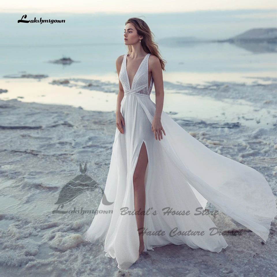 Lakshmigown Sexy Bride Boho Wedding Dress Beach Summer 2026 Customized Chiffon Long Beach Bridal Gowns V Neck Lace Backless Good Vibrations