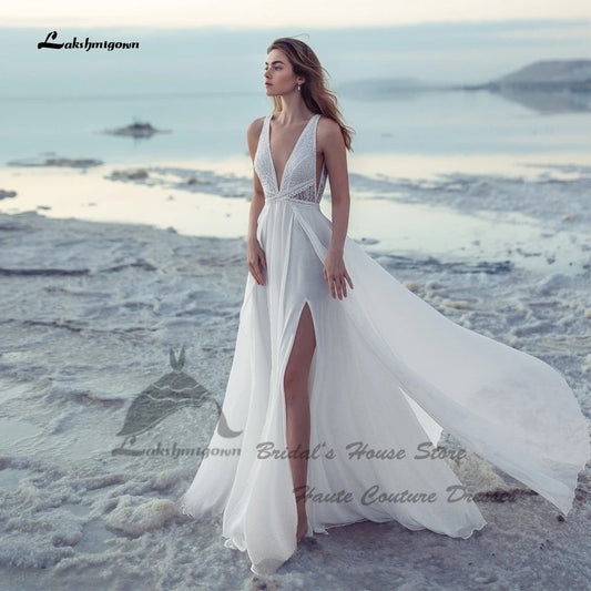 Lakshmigown Sexy Bride Boho Wedding Dress Beach Summer 2026 Customized Chiffon Long Beach Bridal Gowns V Neck Lace Backless Good Vibrations