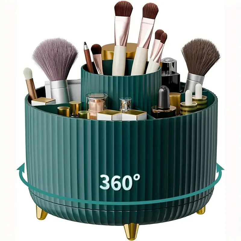 360° Rotating Makeup Organizer Makeup Holder Cosmetic Storage with 5 Compartments Multi-Functional Holder for Brushes Pen Good Vibrations