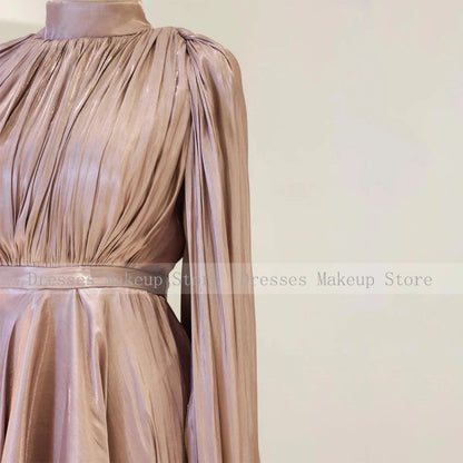 Modest Evening Dresses for Women 2025 High Collar Puffy Long Sleeves Evening Gowns Long Pleated A Line Saudi Arabian Formal Gown Good Vibrations