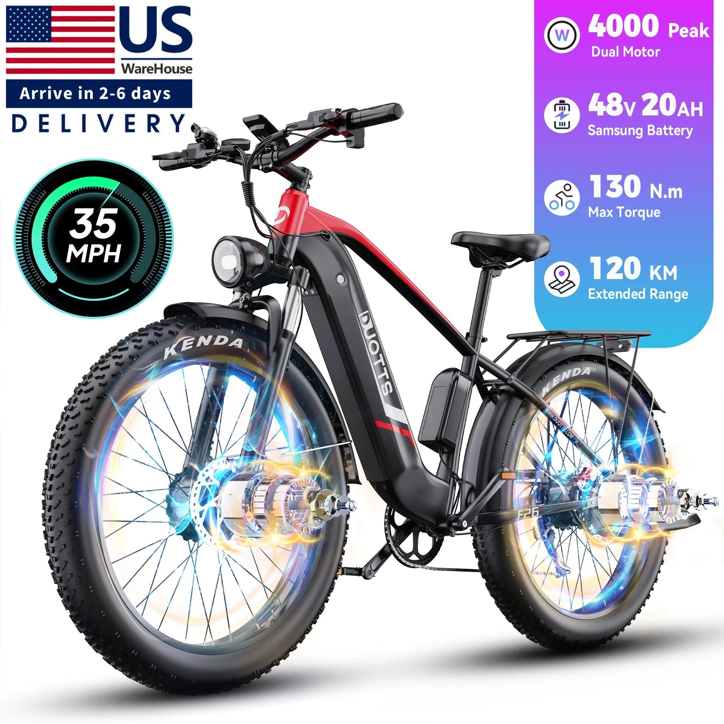 US Free Shipping DUOTTS F26 E Bike Electric Bicycle Mountain Ebike 48V 20AH Dual Motors 26inch Fat Tire Electric Bike for Adults Good Vibrations