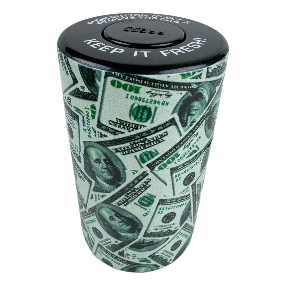 Vacuum sealed herb stash jar with money print design, airtight and smell proof storage container.