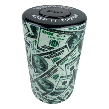 Vacuum sealed herb stash jar with money print design, airtight and smell proof storage container.