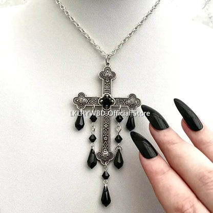 Large Cross Necklace,Goth Vampire Necklace,Gothic Cross,Gothic Silver Cross,Gothic Drop Necklace,Cross Choker,Gothic Necklace Good Vibrations