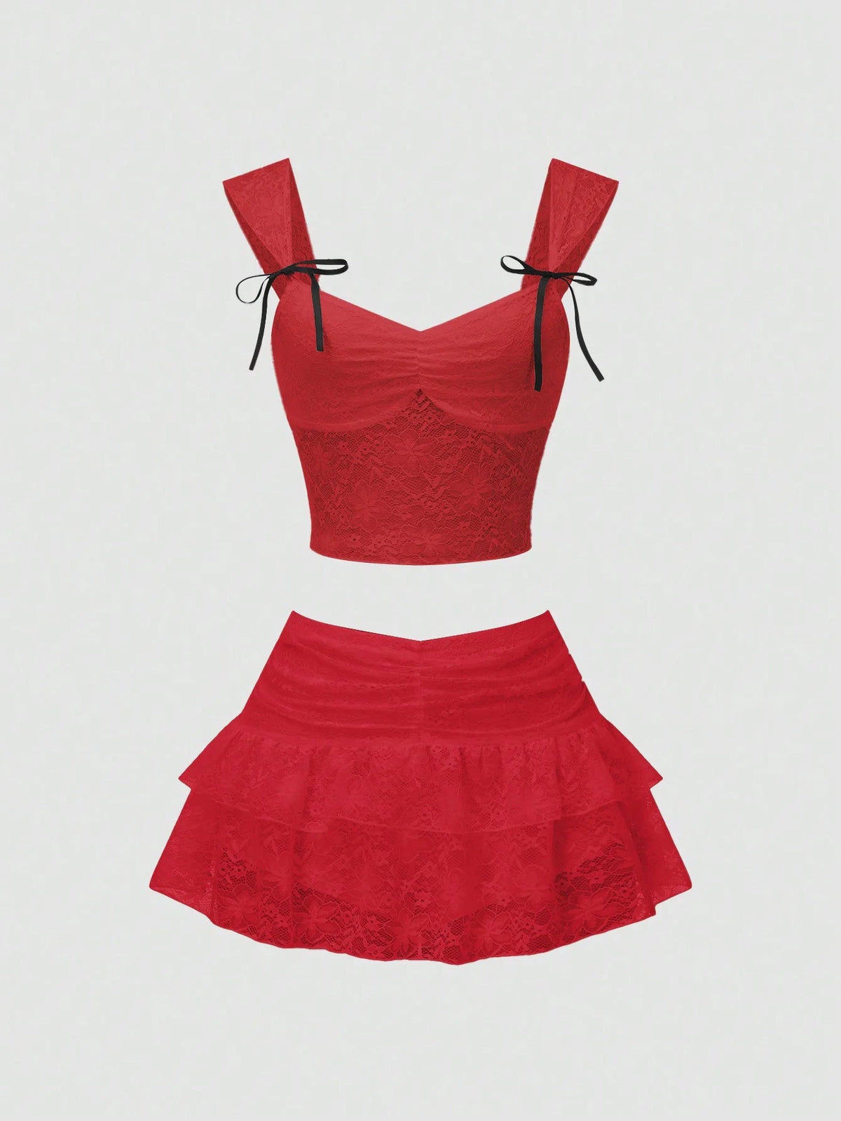 Women's 2 Piece Outfit Lace Camisole Top with Pleated Bust & Bow Decor, Low Waist Ruffle Lace Hem Skort, Sweet Cute Elegant Vint Good Vibrations