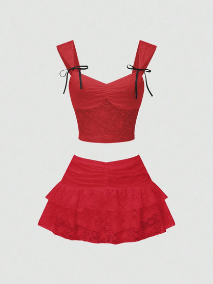 Women's 2 Piece Outfit Lace Camisole Top with Pleated Bust & Bow Decor, Low Waist Ruffle Lace Hem Skort, Sweet Cute Elegant Vint Good Vibrations