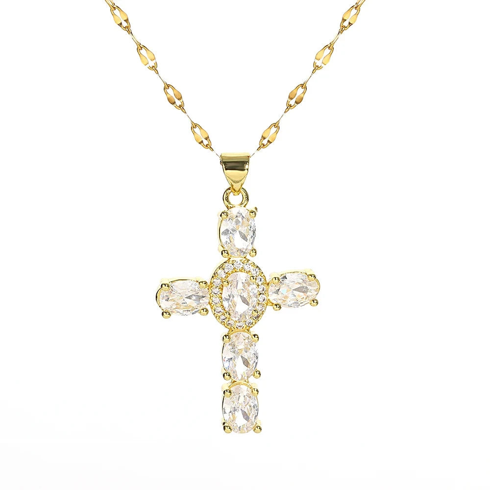 Religious Cross Necklace For Women Men Stainless Steel Chain Necklaces Christian Pendant Collar Pray Baptism Christmas Gift Good Vibrations