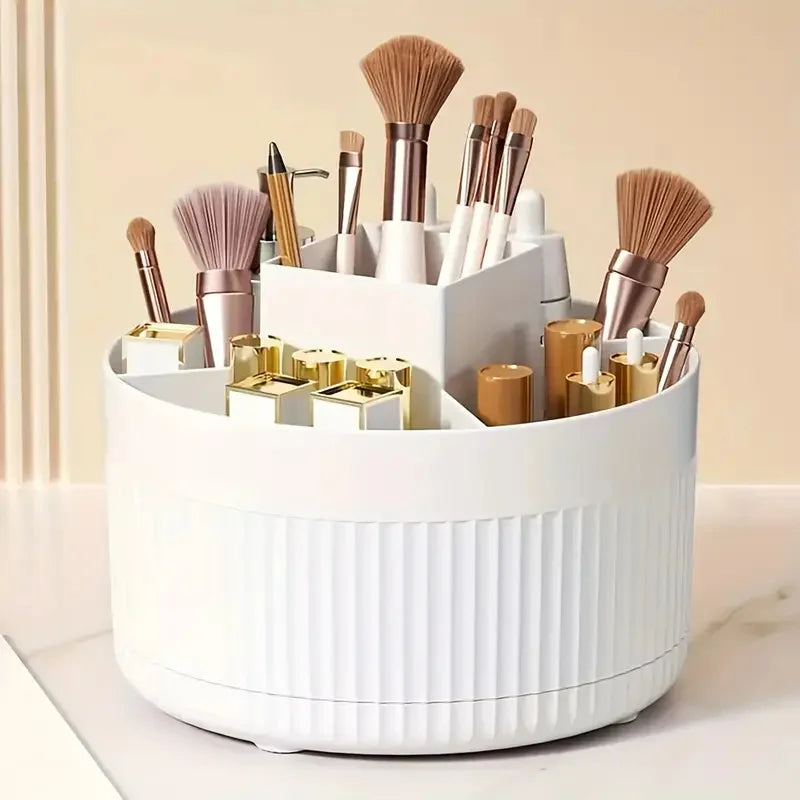 360° Rotating Makeup Organizer Makeup Holder Cosmetic Storage with 5 Compartments Multi-Functional Holder for Brushes Pen Good Vibrations