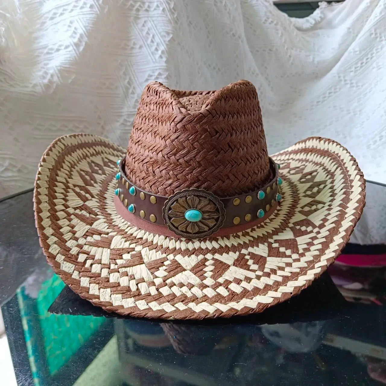 hats straw cowgirl western hat  mexican hat  retro curling hat western cowboy hat outdoor riding hat travel sports hat Good Vibrations