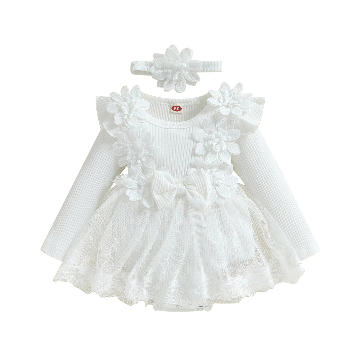3D Flower Summer Baby Girls Romper Princess Mesh Newborn Clothes Lace Patchwork Ruffle Bodysuit Dress Headband Kids Clothing Good Vibrations