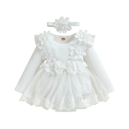 3D Flower Summer Baby Girls Romper Princess Mesh Newborn Clothes Lace Patchwork Ruffle Bodysuit Dress Headband Kids Clothing Good Vibrations