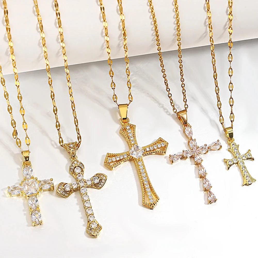 Religious Cross Necklace For Women Men Stainless Steel Chain Necklaces Christian Pendant Collar Pray Baptism Christmas Gift Good Vibrations