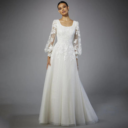 Vintage Square Collar Wedding Dress Tulle Applique Illusion Long Lantern Sleeve Bridal A-Line Floor Length with Buttons Gowns Good Vibrations