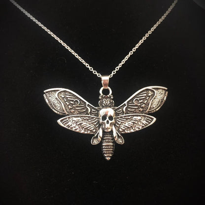 Death Moth Necklace Pendant 18inch Chain Sugar Skull Gothic Butterfly Rock Emo Goth Silver Color 18inch Strong Chain Good Vibrations